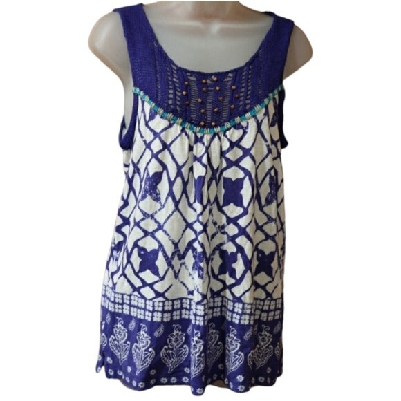 Meadow Rue Blue & White Beaded Print Tank Top XS - Picture 1 of 11